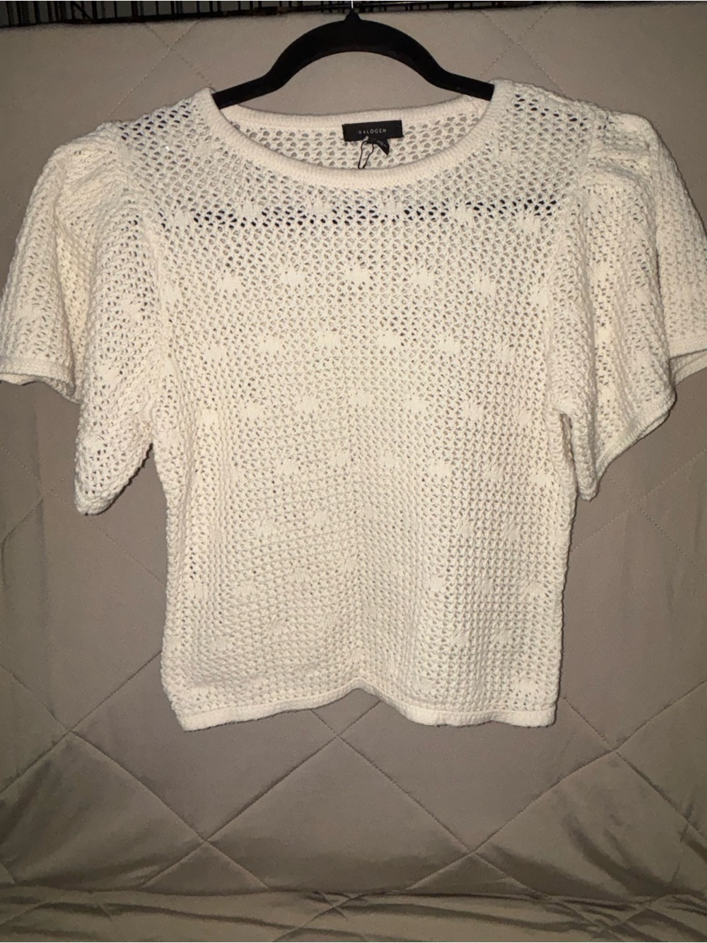 Halogen White Open-Weave Crochet Short Sleeve Top